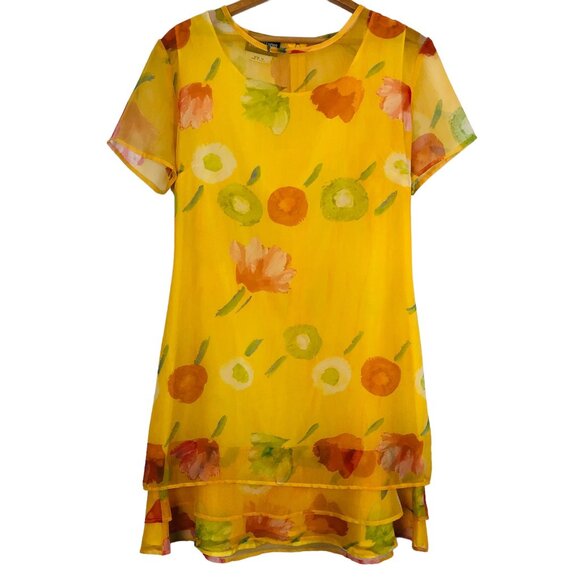Byer Studio California Dresses & Skirts - Vtg Byer Studio Women's Sheer Dress Size 14 Floral Print Yellow 3-Tiered Hem